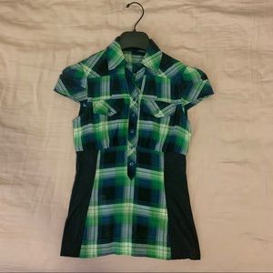 BCBG Green Plaid Collared Cap Sleeve Shirt Top